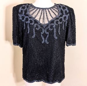 Vintage Black & Silver Beaded Top with Sheer Cut Out Neckline